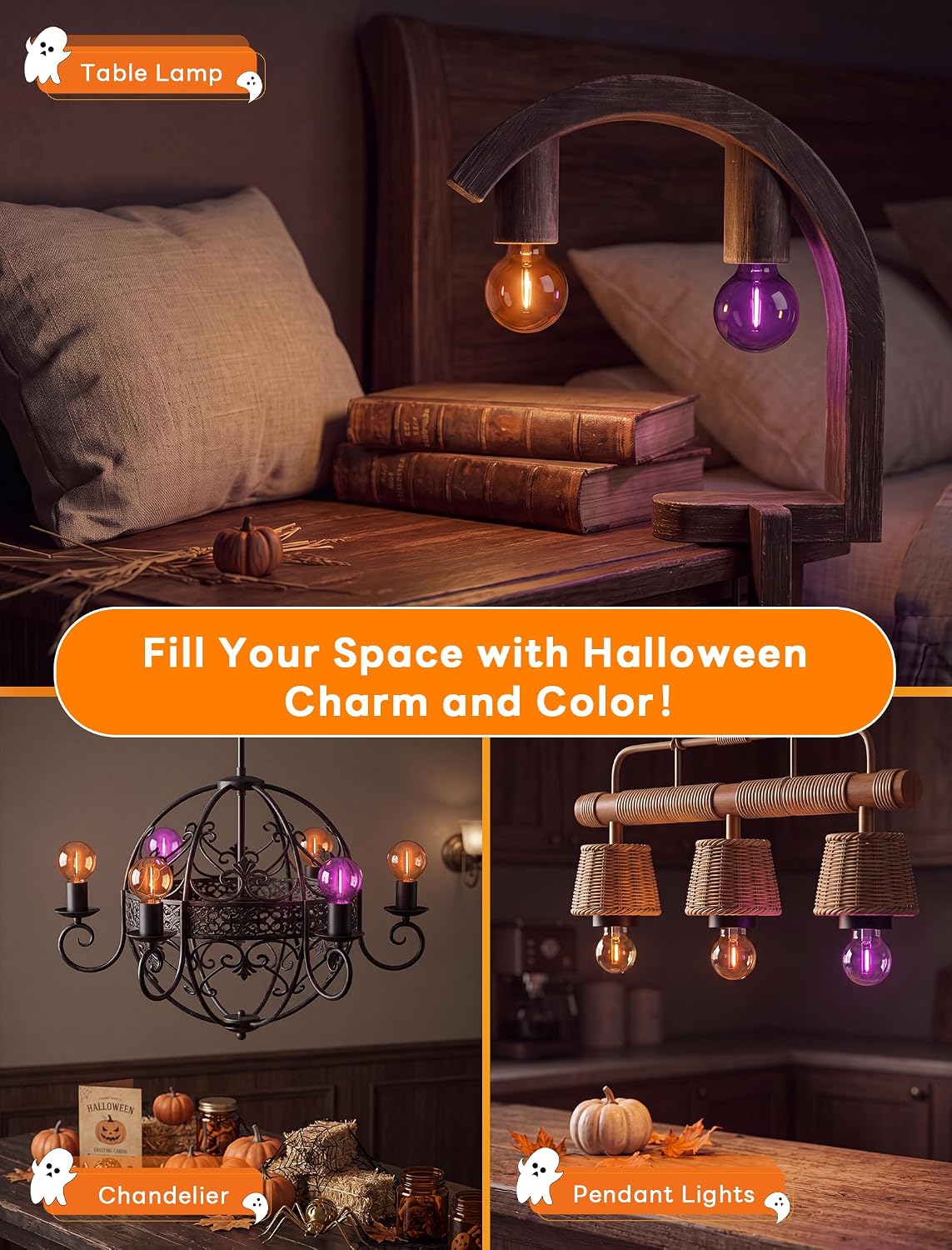 25PK G40 Halloween LED Replacement Purple and Orange Light Bulbs, 0.6W