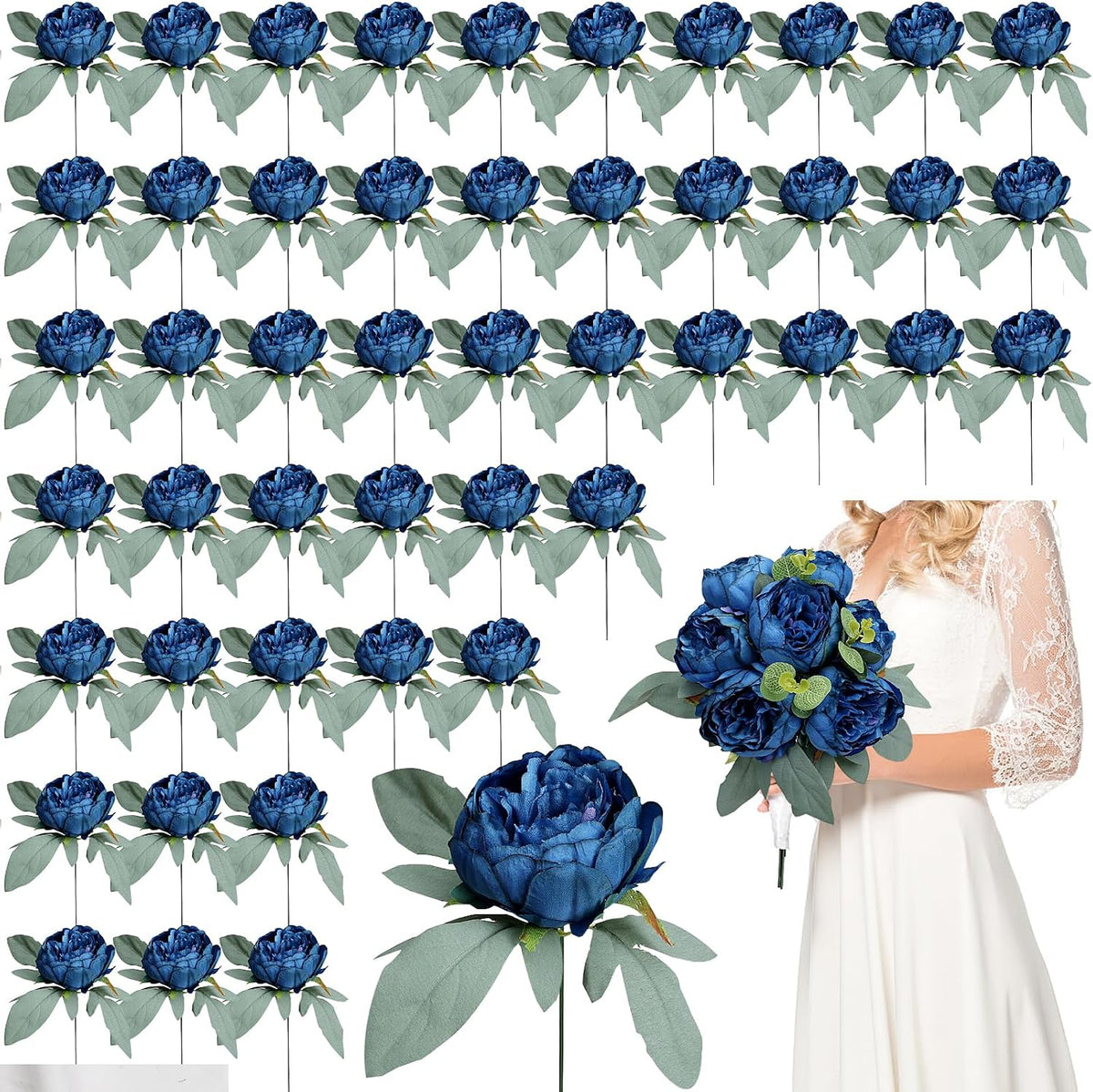 50Pcs Peonies Artificial Flowers Bulk, 4’’ Navy Blue