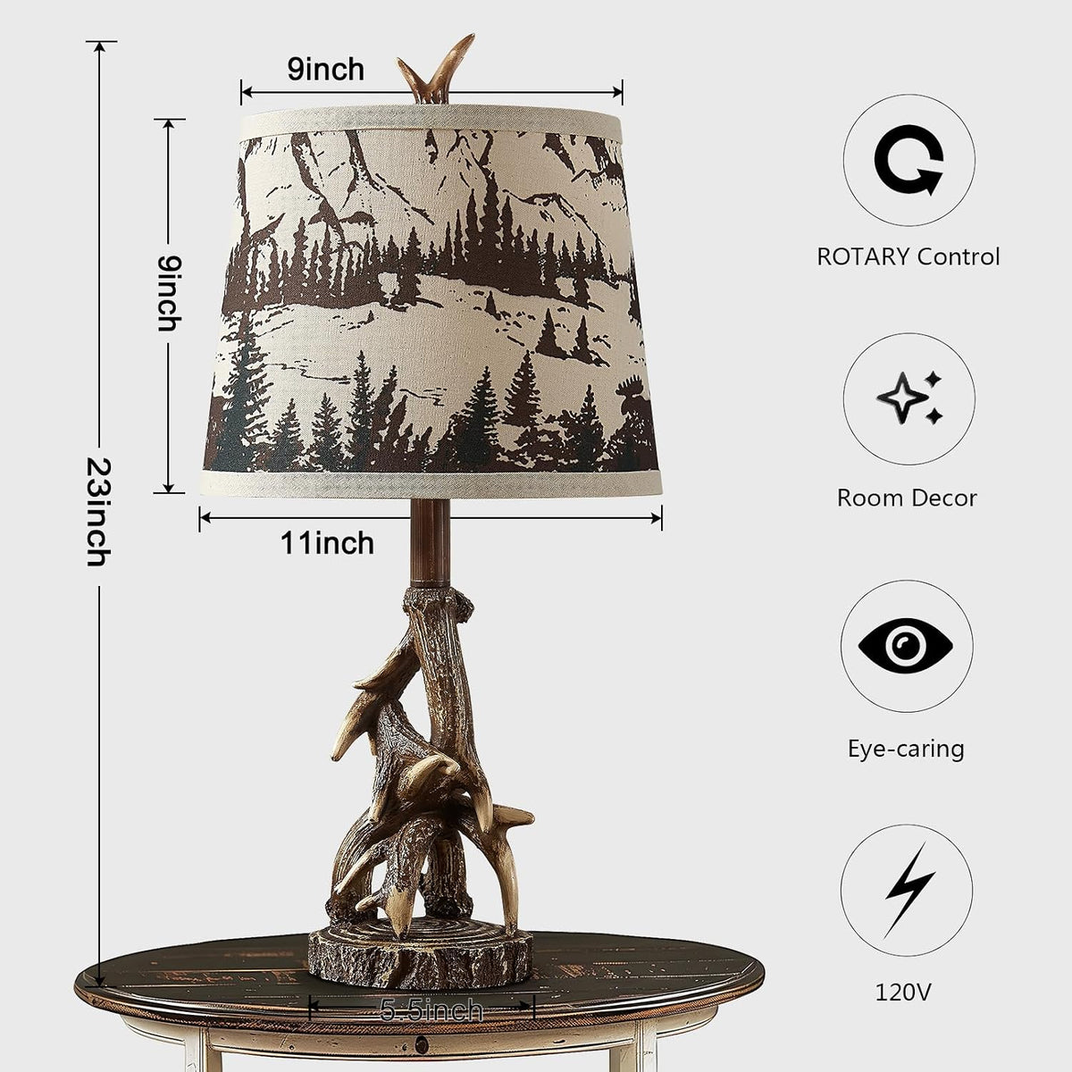 23'' Rustic Deer Antler Table Lamps Set of 2 for Log Cabin Bedroom Nightstand Western Country Side Lamp for Living Room End Table Study Room Desk, Brown, Forest Print Shade