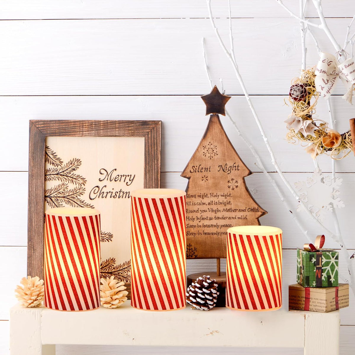 Candy Cane Christmas Flameless Candles Battery Operated with Timer