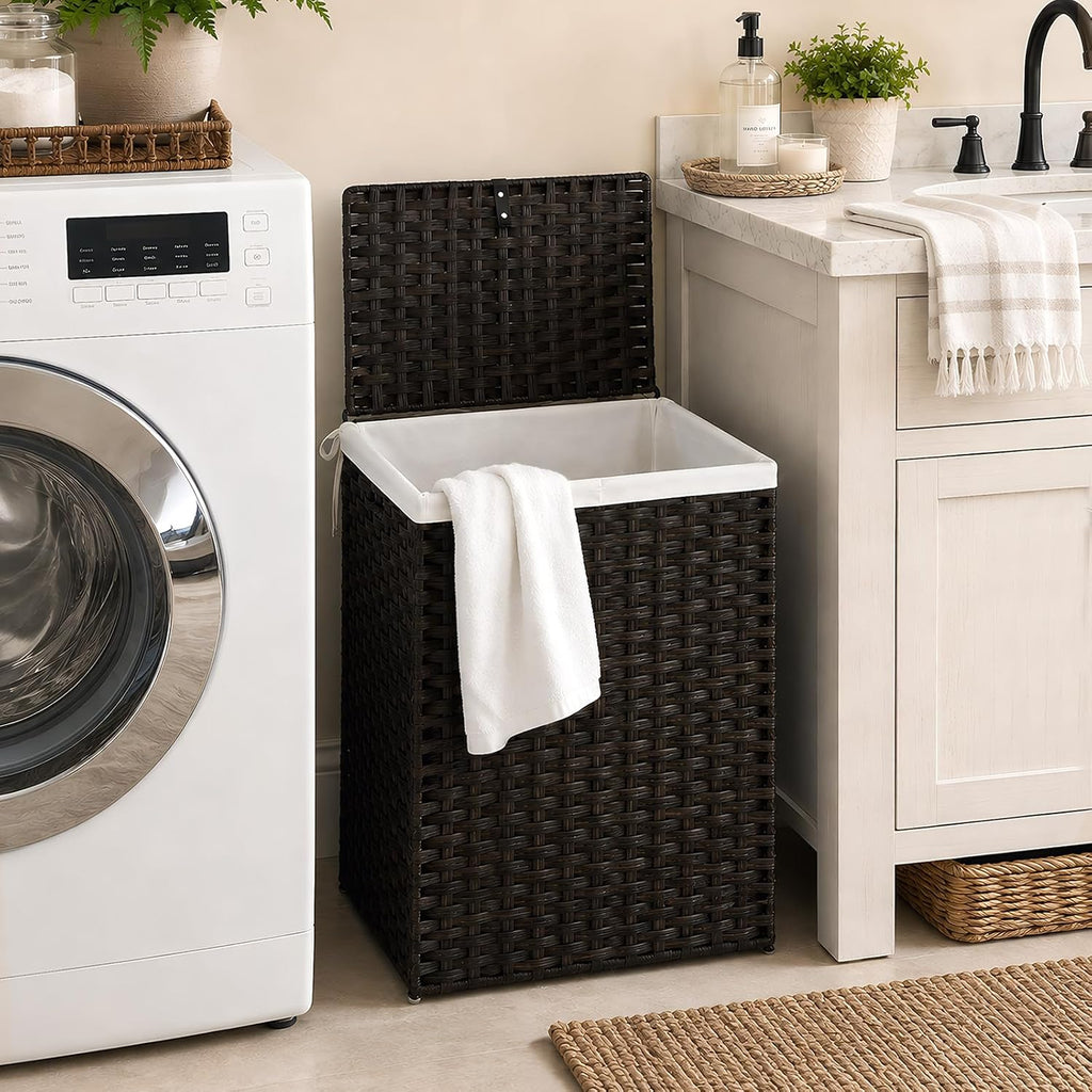 DUMOS Laundry Basket with Lid, 90L Wicker Laundry Hampers, Chestnut Brown