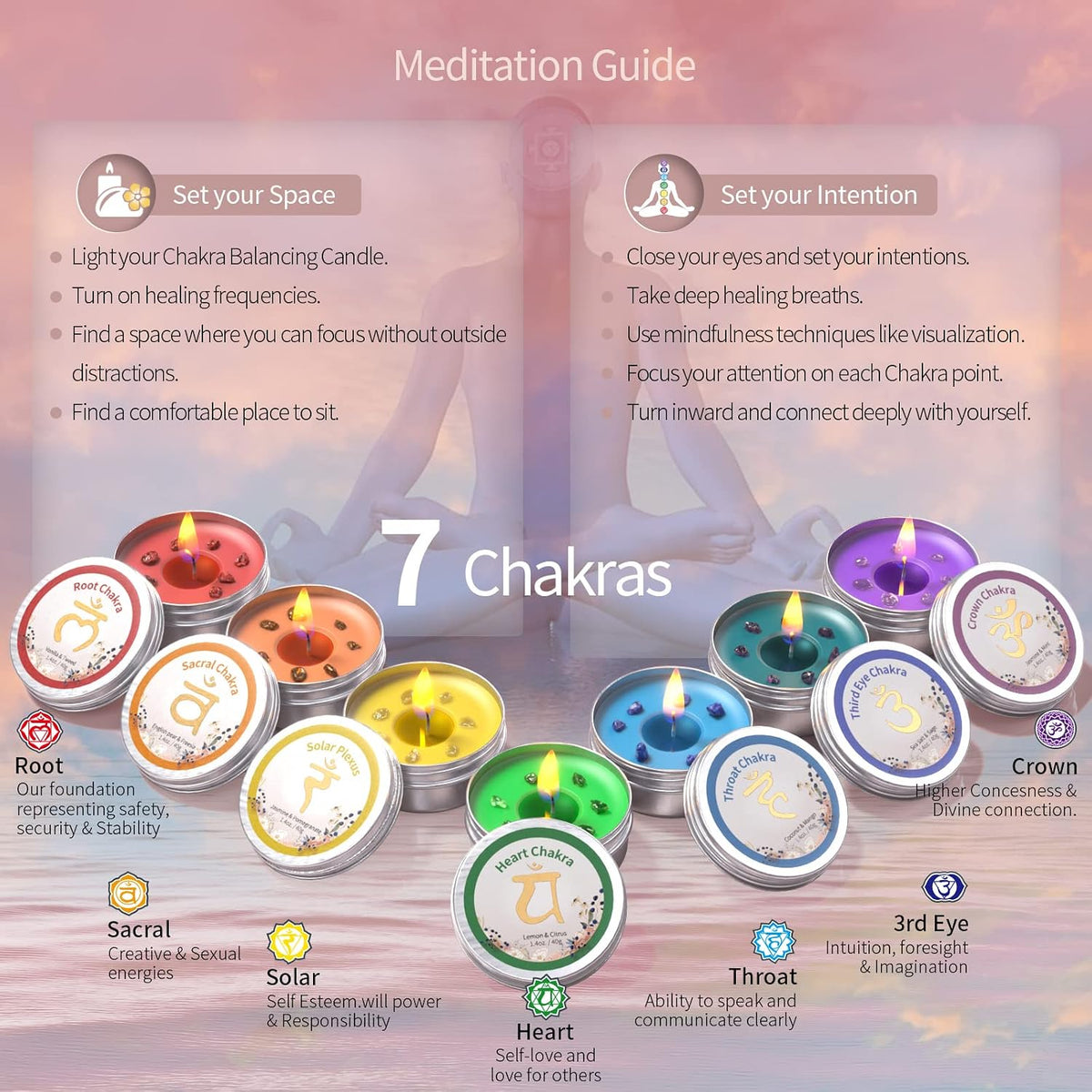 Inspireyes Chakra Candles Set of 7, Meditation Crystal Scented Candles Gift