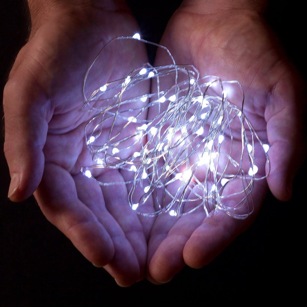 100 LEDs Cold White Color String Lights on Silver Wire for Indoor and Outdoor 32 Feet Firefly Starry Fairy Lights for DIY, Christmas, Holidays, Party, Bedroom and Centerpieces