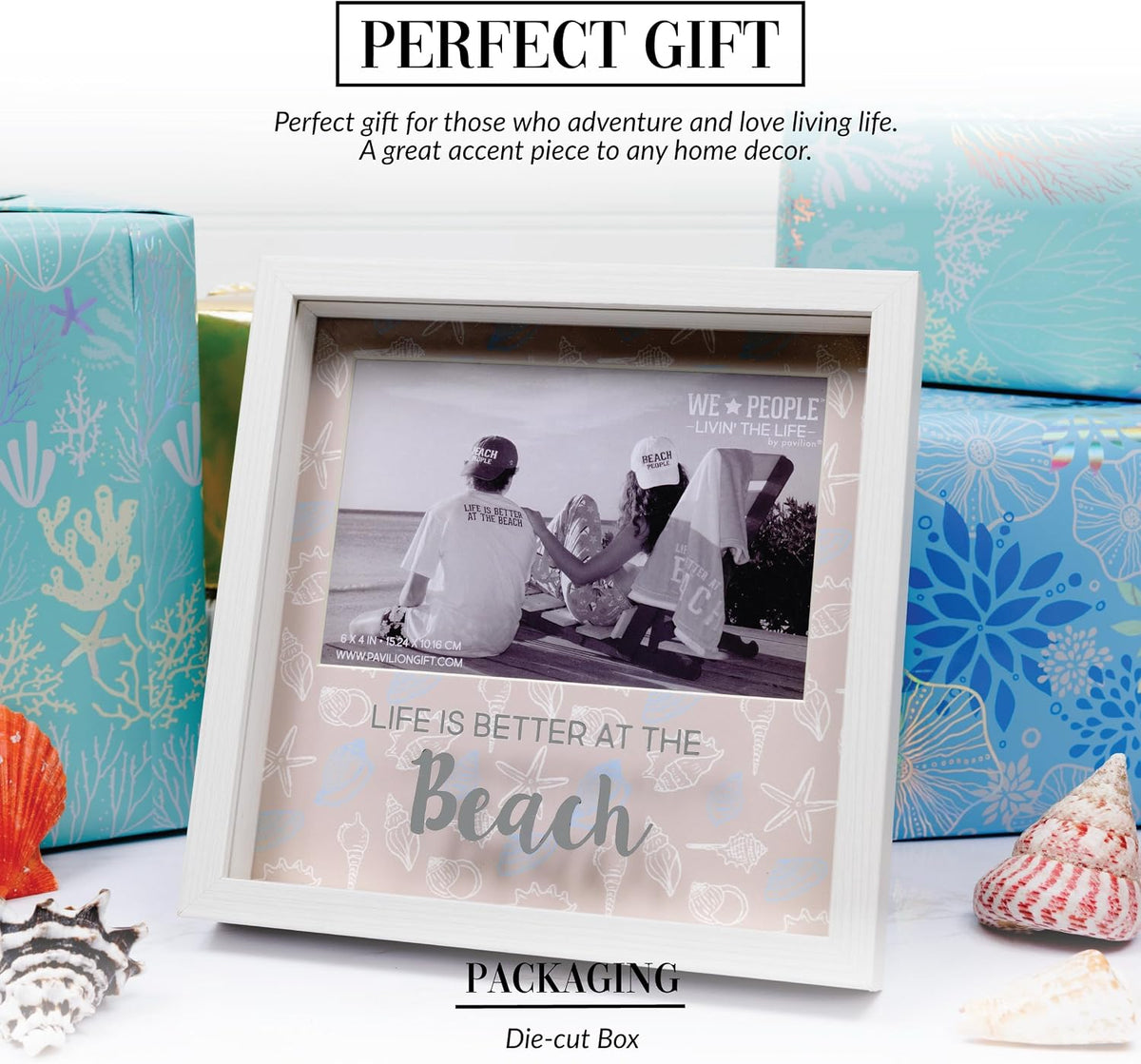 Pavilion Gift Company - Life is Better At The Beach - 7.5" Square Shadow Box Picture Frame Captured Photograph Holder 4" x 6" Horizontal Beach Housewarming Waterfront Seaside Ocean Beach Lover Gift