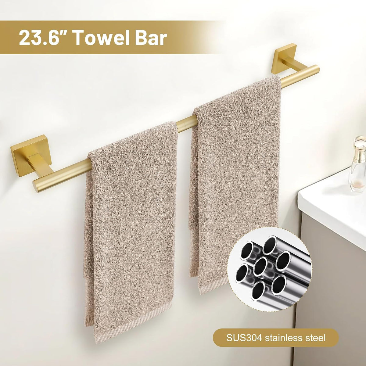 TURS 5-Pieces Brushed Gold Bathroom Hardware Set 23.6 Inch SUS304 Stainless Steel Towel Bar Set Wall Mounted Square Toilet Paper Holder with Shelf
