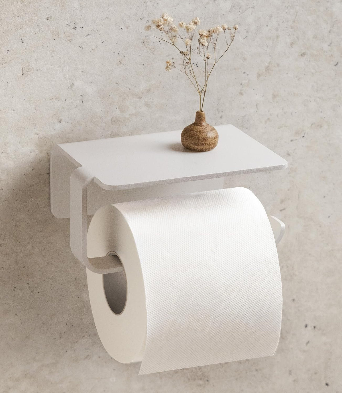 KAZAI. Toilet Paper Holder Wall Mount No Drill | Adhesive Toilet Paper Holder with Shelf | Bathroom Tissue Holder | Metal Toilet Paper Roll Dispenser | White