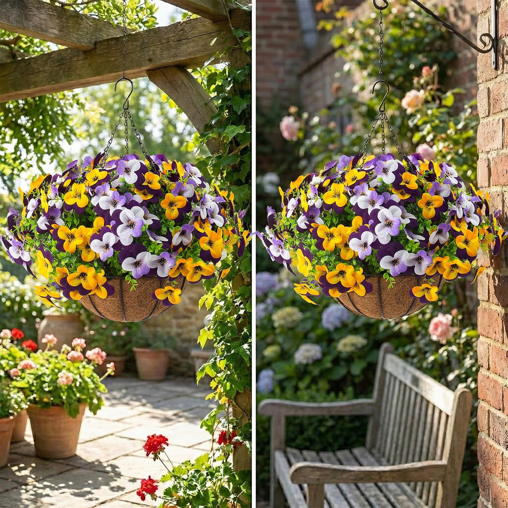 lovemoon 2 Set Artificial Outdoor Pansy Flowers with Hanging Baskets