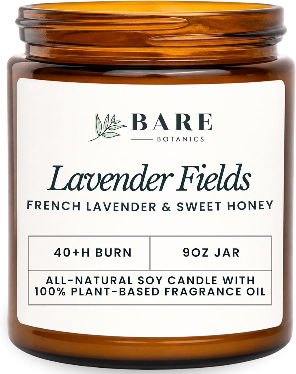 Bare Botanics 9oz Non Toxic Soy Candle Lavender Fields - 40+ Hour Burn