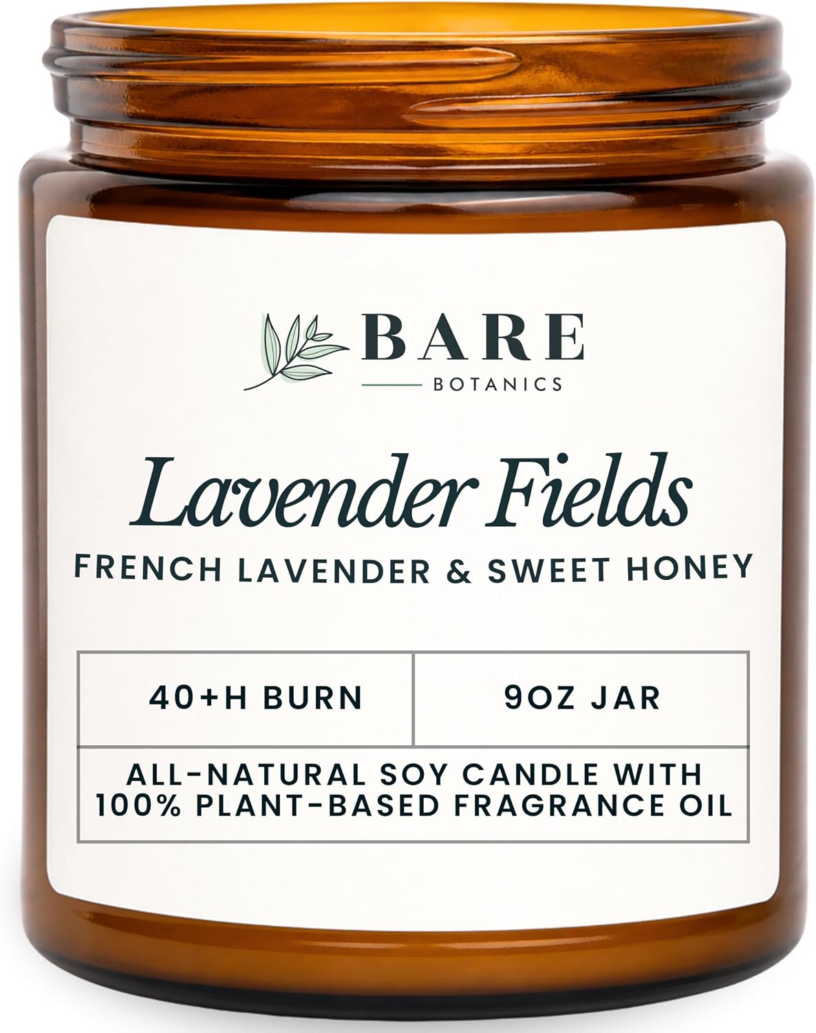 Bare Botanics 9oz Non Toxic Soy Candle Lavender Fields - 40+ Hour Burn
