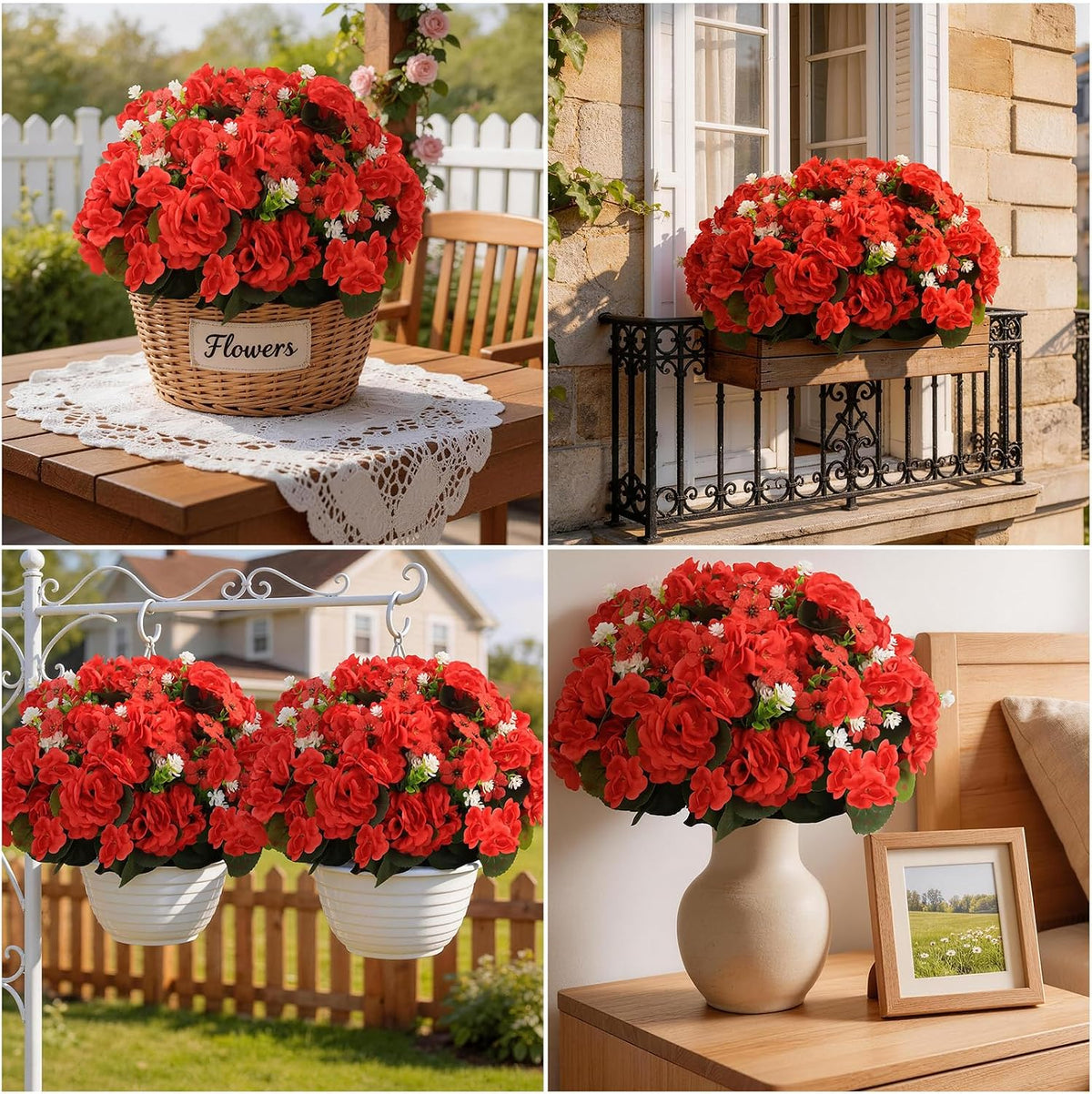 Olatay 12 Bundles Mixed Color Artificial Flowers for Outdoor, Artificial Geraniums Flowers for Outdoor, UV-Resistant Fake Geraniums for Porch, Balcony, Garden, Indoor Decoration (Red)