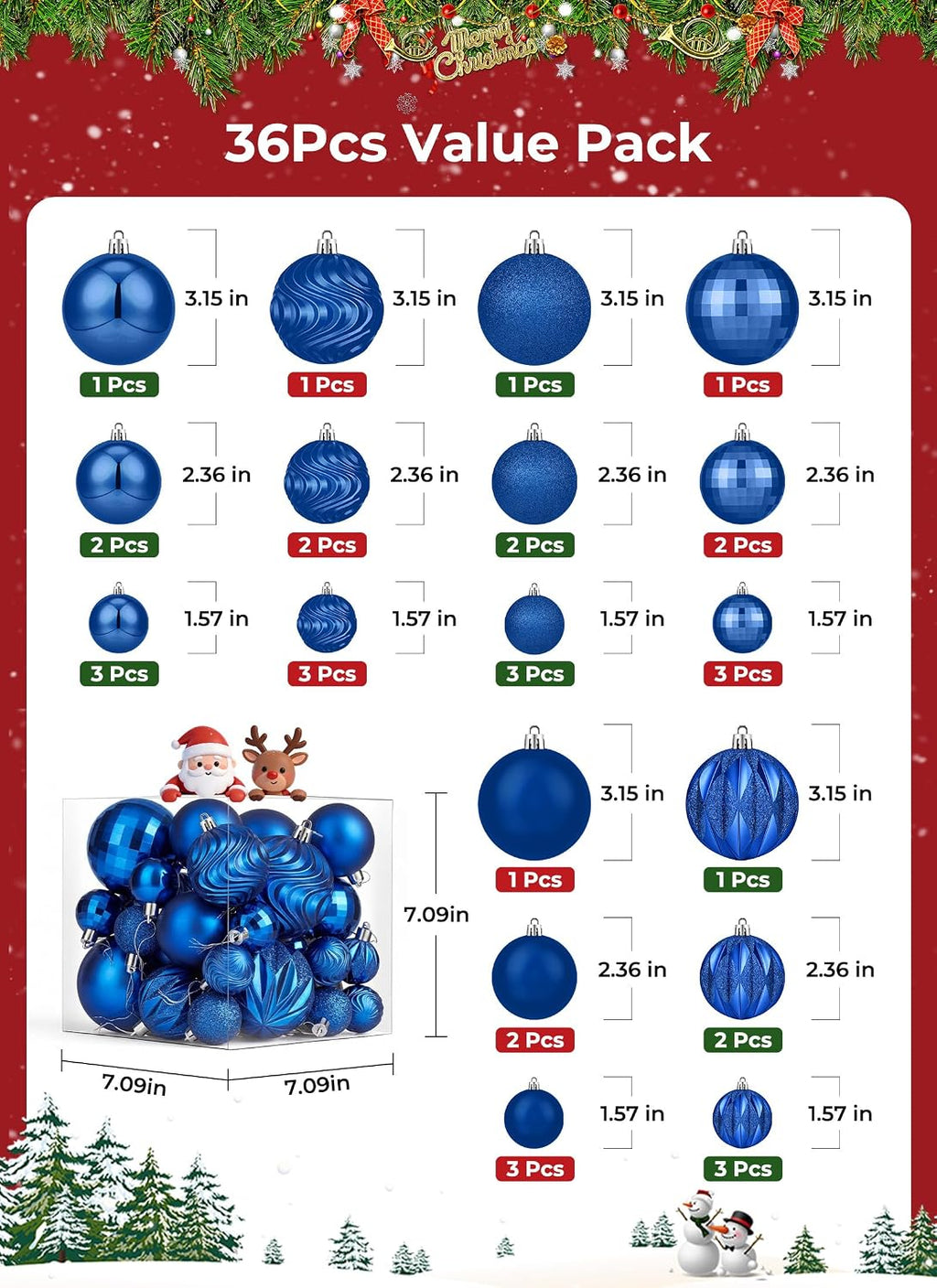 Brightown 36‑Pack Blue Shatterproof Christmas Tree Ball Ornaments Set