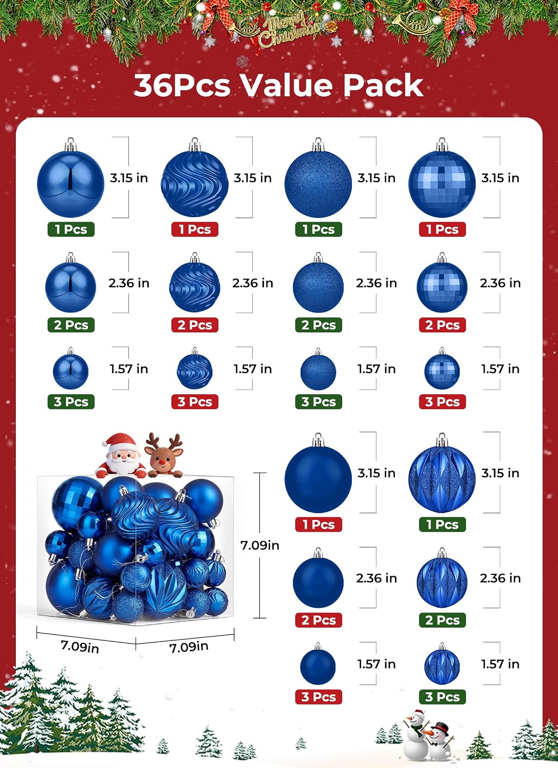 Brightown 36‑Pack Blue Shatterproof Christmas Tree Ball Ornaments Set