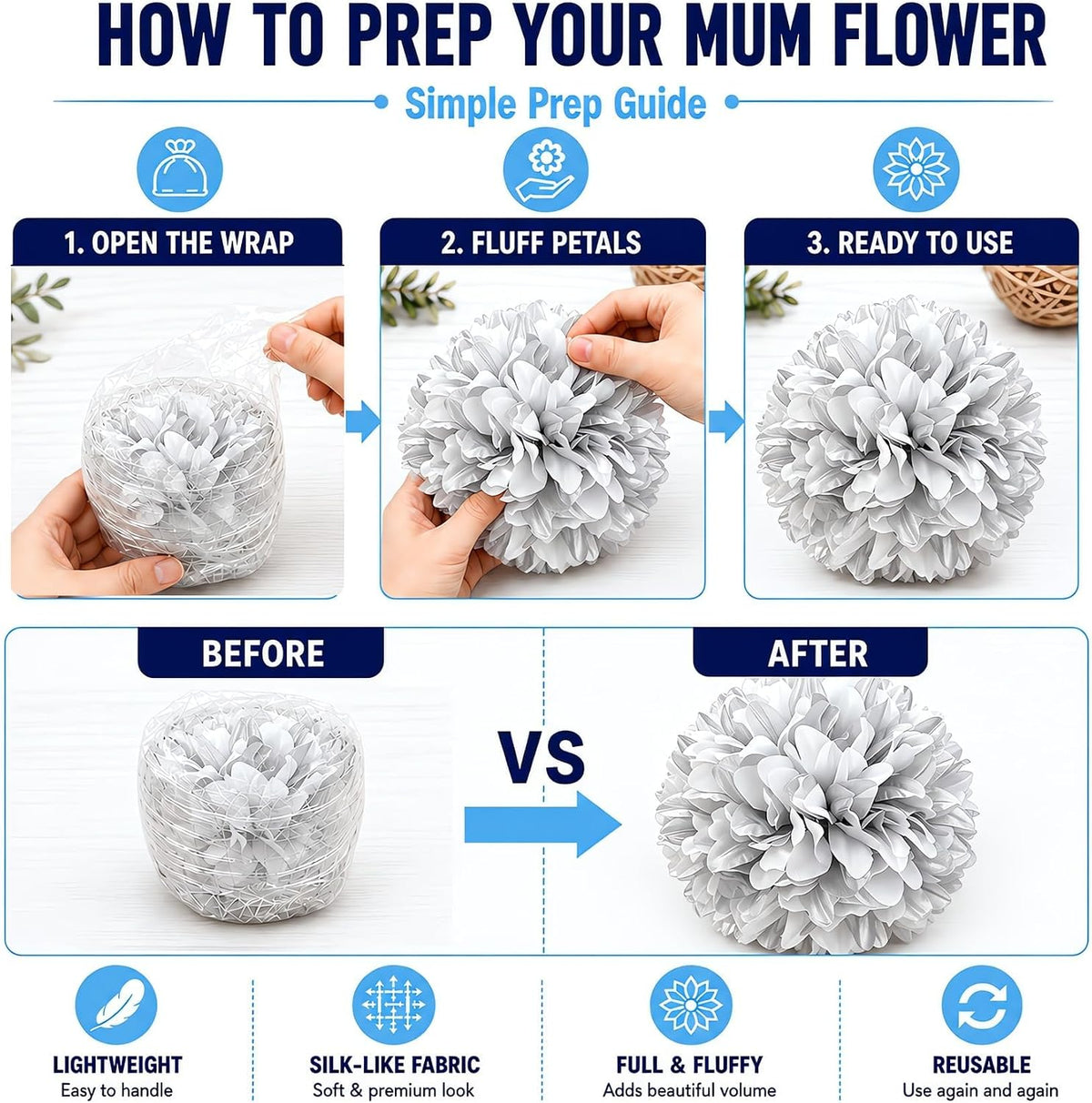 3 Pcs Silver and White Homecoming Mum Flowers, 6.5In Artificial Mum Flowers