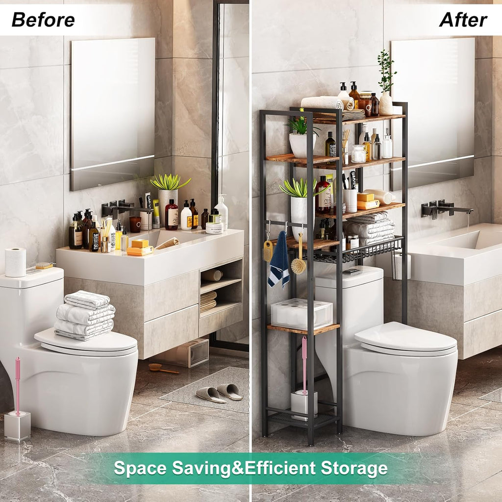 Kalrin 8-Tier Over The Toilet Storage with Side Rack, Over Toilet Storage Rack with Adjustable Shelf & Drain Basket, Freestanding Bathroom Organizer for Balcony, Laundry (Vintage Brown)