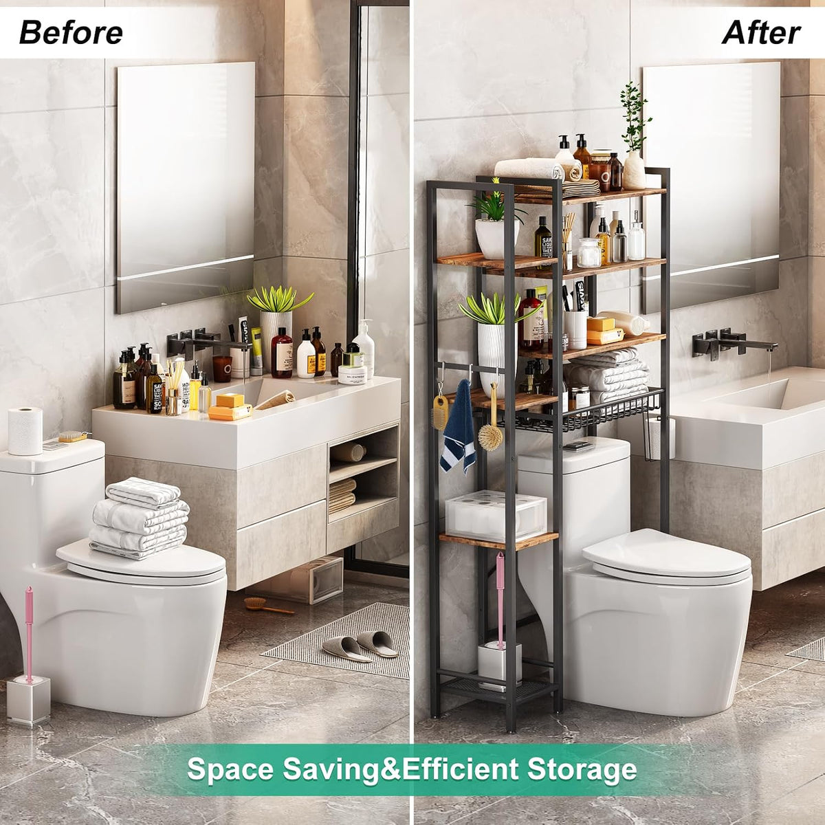 Kalrin 8-Tier Over The Toilet Storage with Side Rack, Over Toilet Storage Rack with Adjustable Shelf & Drain Basket, Freestanding Bathroom Organizer for Balcony, Laundry (Vintage Brown)