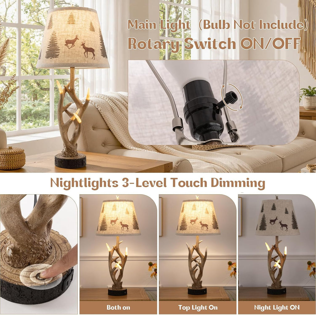 Dungoo 26" Rustic Antler Table Lamp Set of 2 for Bedroom with USB- C Port