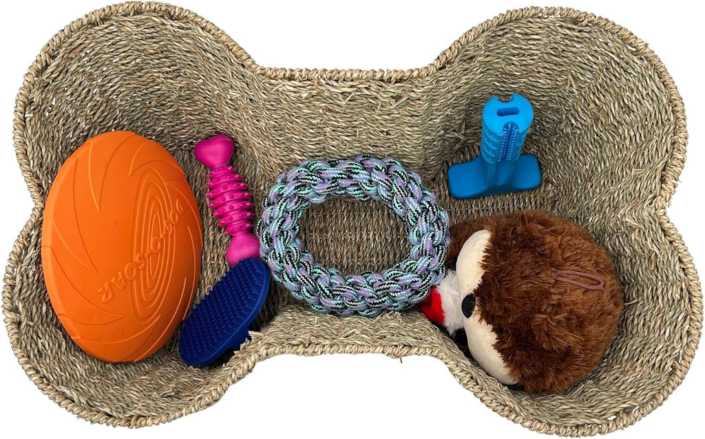 OtterPets Dog Toy Basket, Seagrass Bone Shaped Dog Toy Bin, 22x14
