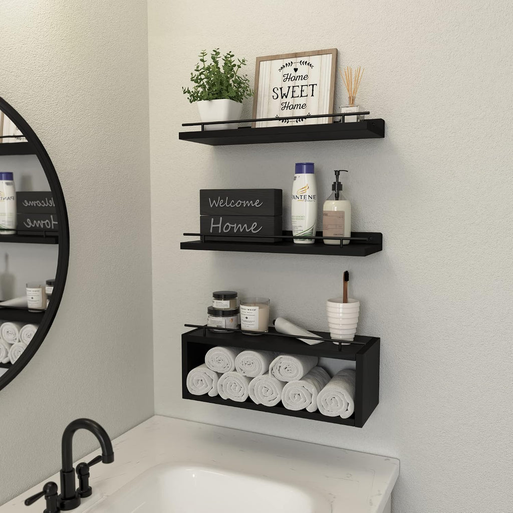 WOPITUES Floating Shelves for Wall with Cube Shelf, Wall Shelves with Metal Rail for Bathroom Decor, Bathroom Organizers and Storage, Over Toilet Shelves for Toilet Paper-Black (Pack of 2)