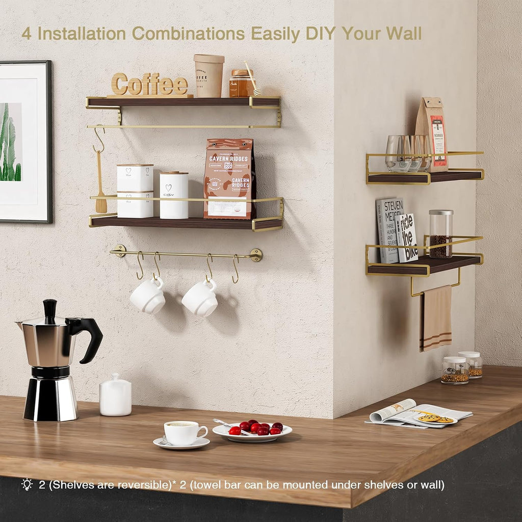 Floating Shelves Bathroom Shelves Over Toilet Set of 2, Bathroom Wall Shelves with Towel Bar, Wall Mounted Vanity Shelf for Bedroom, Kids Room, Kitchen (Brown & Gold)