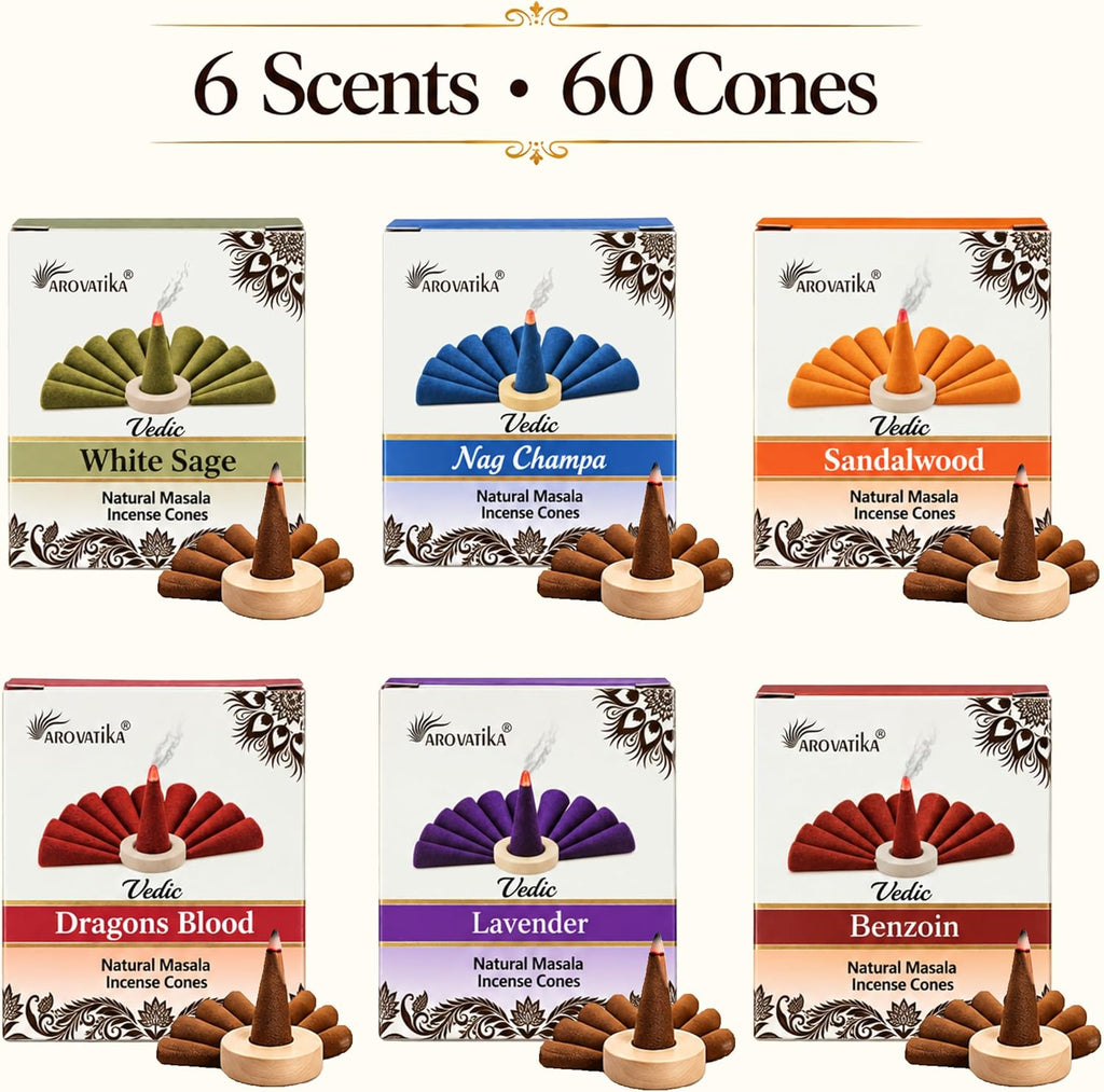 ARO VATIKA Vedic Incense Cones Variety Pack of 6 (Nag Champa, White Sage, Sandalwood, Dragons Blood, Lavender & Benzoin) Natural Non-Toxic Dhoop Cones for Meditation, Yoga, Relaxation & Home Fragrance