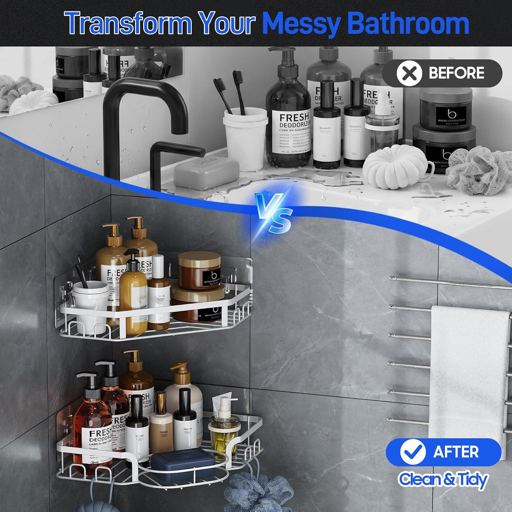 Corner Shower Caddy, Rustproof Shower Organizer with Soap Holder and 8 Hooks, No Drilling Adhesive Shower Shelves for Inside Shower, Large Capacity Shower Rack for Bathroom Shower Storage, White