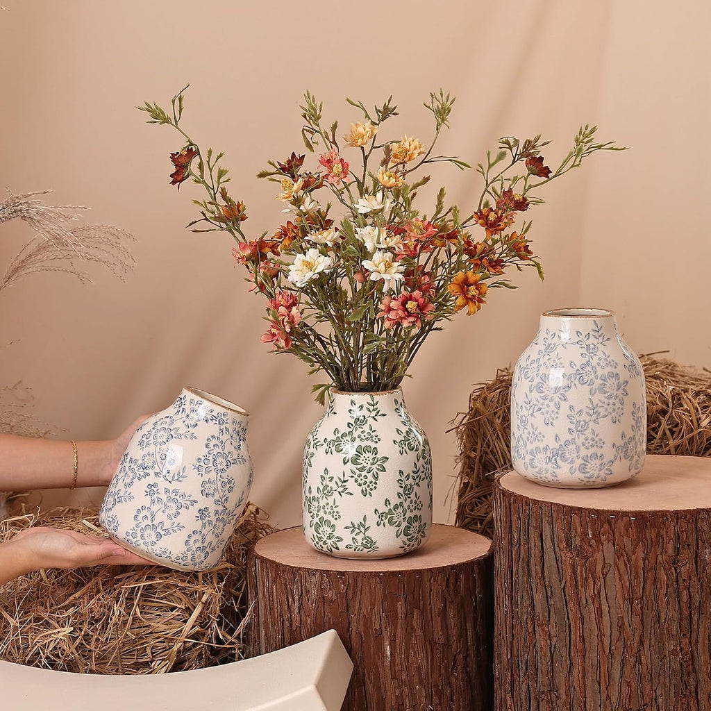 Blue and White Chinoiserie Ceramic Vase Vintage Flower Vase, 7.9in