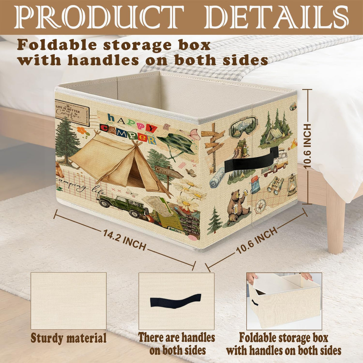 Vintage Camping Storage Bins, Camping Lover Gifts Foldable Closet Organizers Storage Basket Toybox for RV Camper Kids Room Playroom Bedroom Clothes Toys Books