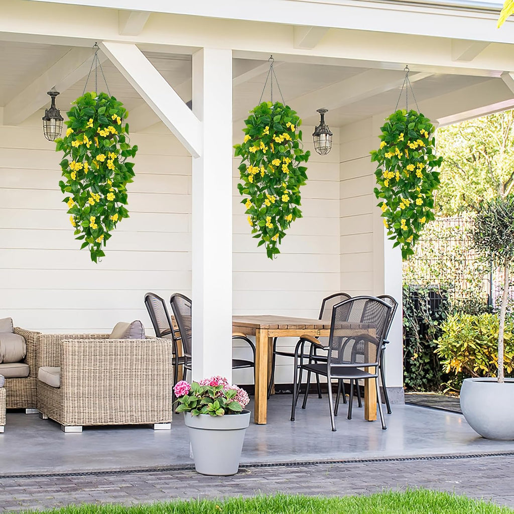 BLEUM CADE Artificial Hanging Flowers for Outdoors, 4pcs Fake Hanging Plants Pothos Vines with Yellow Flowers for Wall Home Living Room Indoor Outdoor Decor (No Baskets)