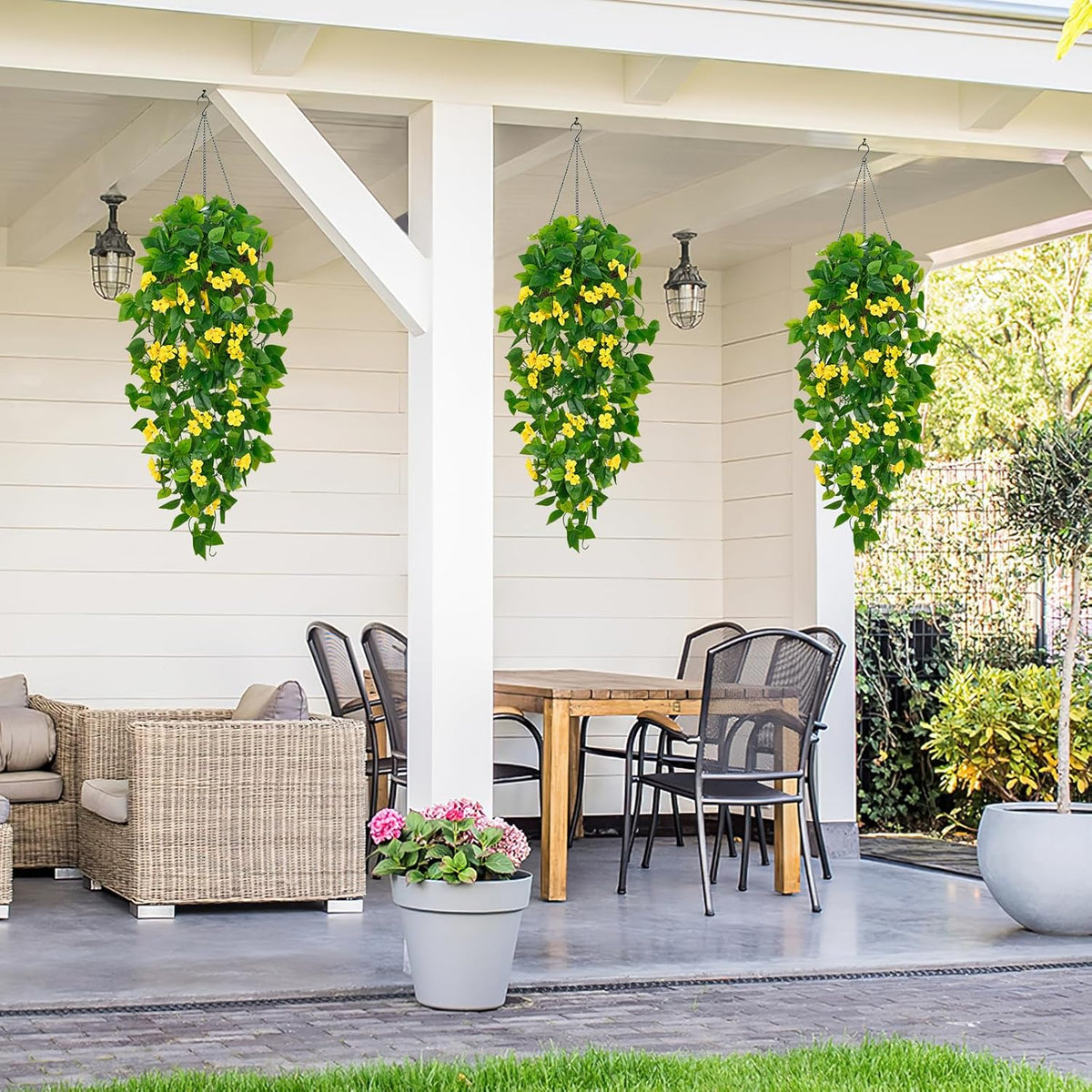 BLEUM CADE Artificial Hanging Flowers for Outdoors, 4pcs Fake Hanging Plants Pothos Vines with Yellow Flowers for Wall Home Living Room Indoor Outdoor Decor (No Baskets)