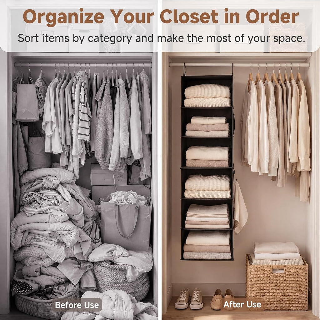 StorageWorks Hanging Closet Organizer, 6-Shelf with 2-in-1 Design, Black