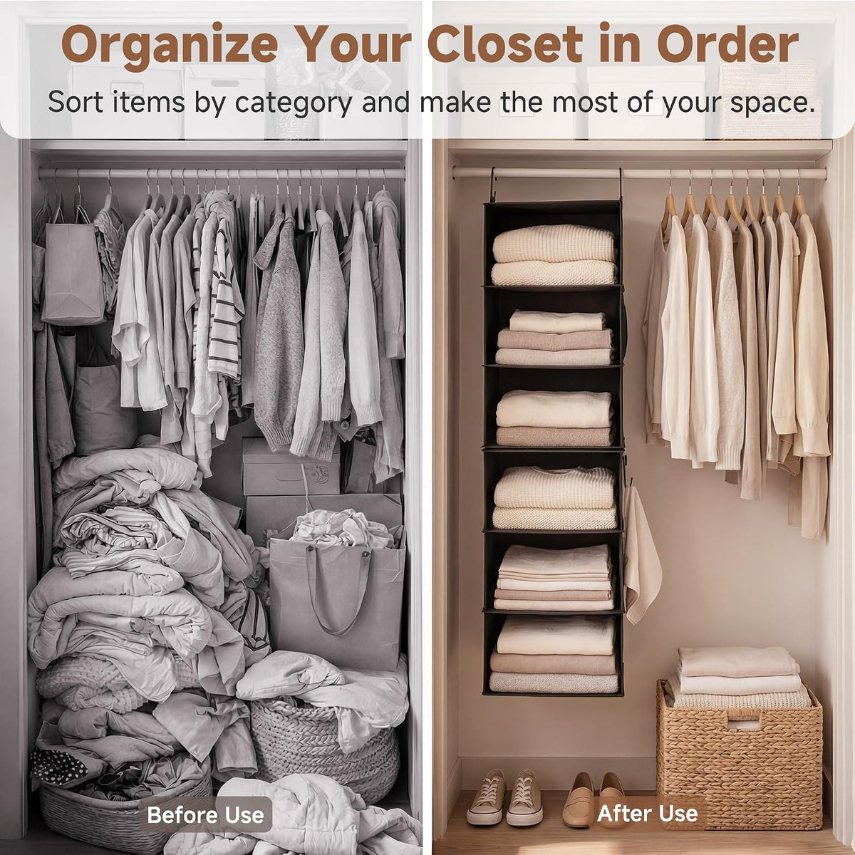 StorageWorks Hanging Closet Organizer, 6-Shelf with 2-in-1 Design, Black