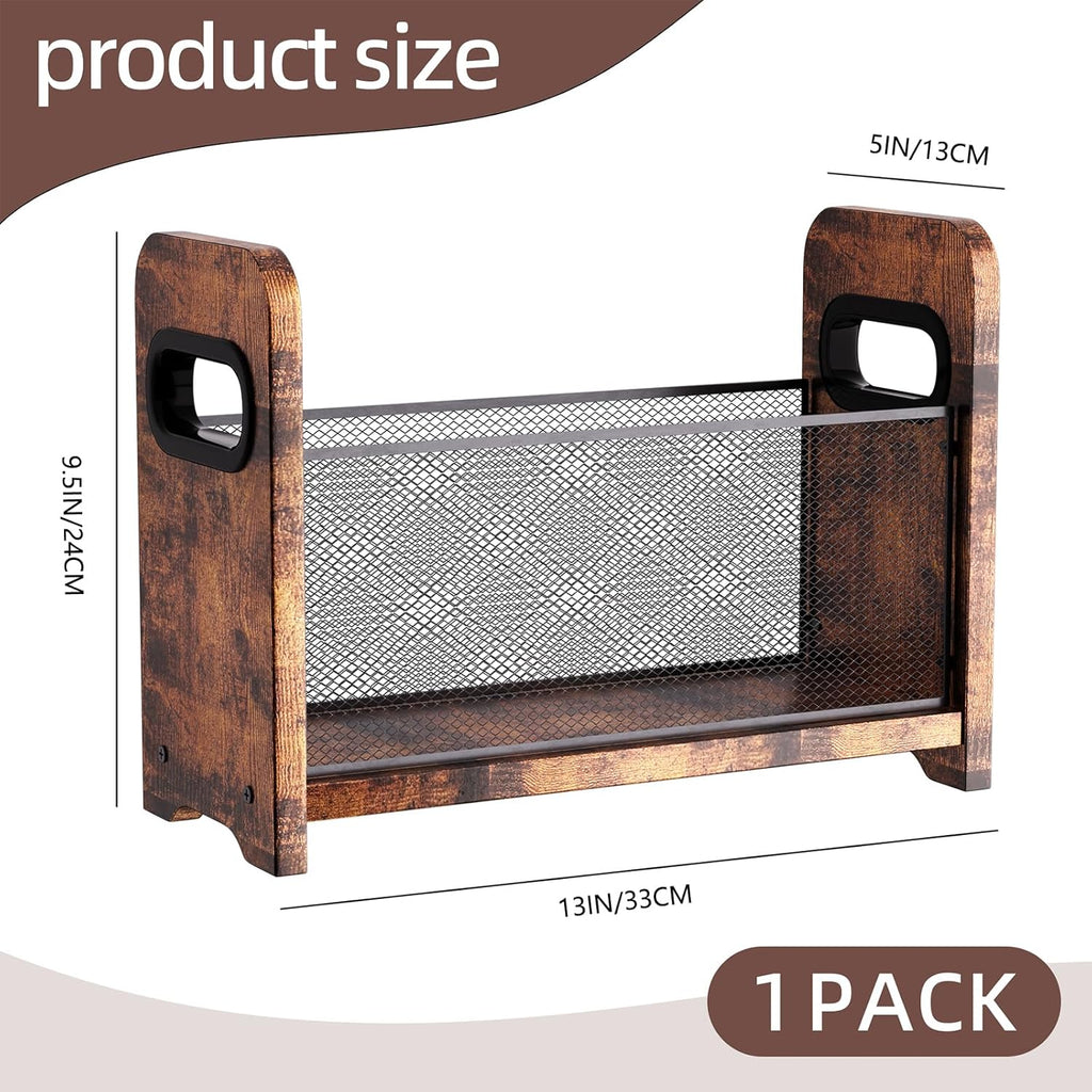 Wood Magazine Holder & Rack - Retro Brown Mesh Storage Basket for Books, Newspapers, Files - Desk/Floor Organizer