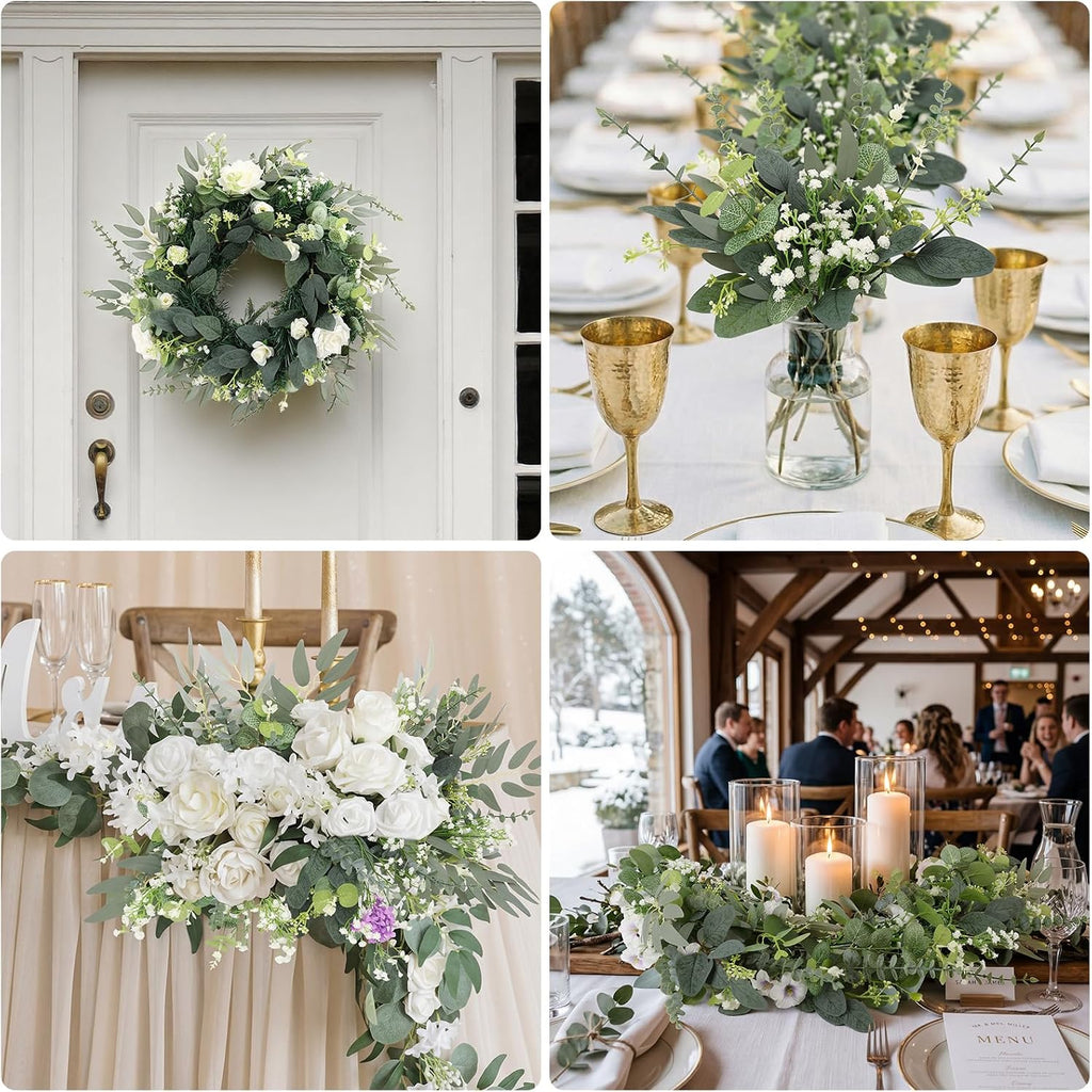 N&T NIETING 120Pcs Artificial Mixed Eucalyptus Stems Leaves Bulk, Faux Greenery Stems Branches with Baby Breath Silver Dollar Fake Eucalyptus Sprays for Wedding Decor Vase Bouquet Floral Arrangement
