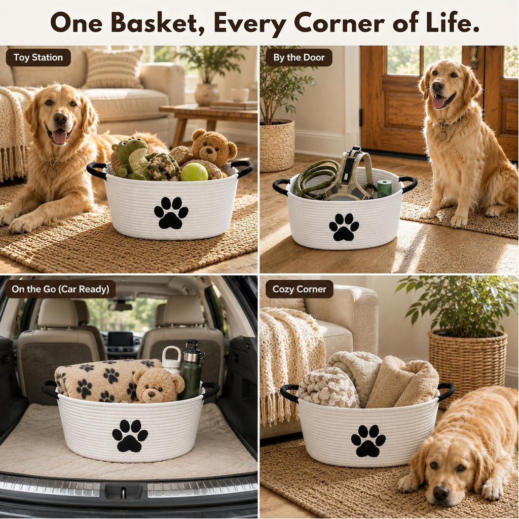 Dog Toy Basket with Handles, Cotton Rope Storage Bin Organizer for Pets