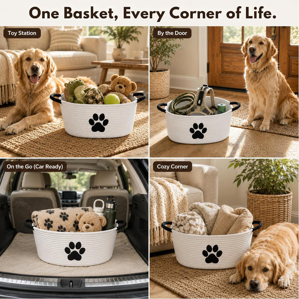 Dog Toy Basket with Handles, Cotton Rope Storage Bin Organizer for Pets