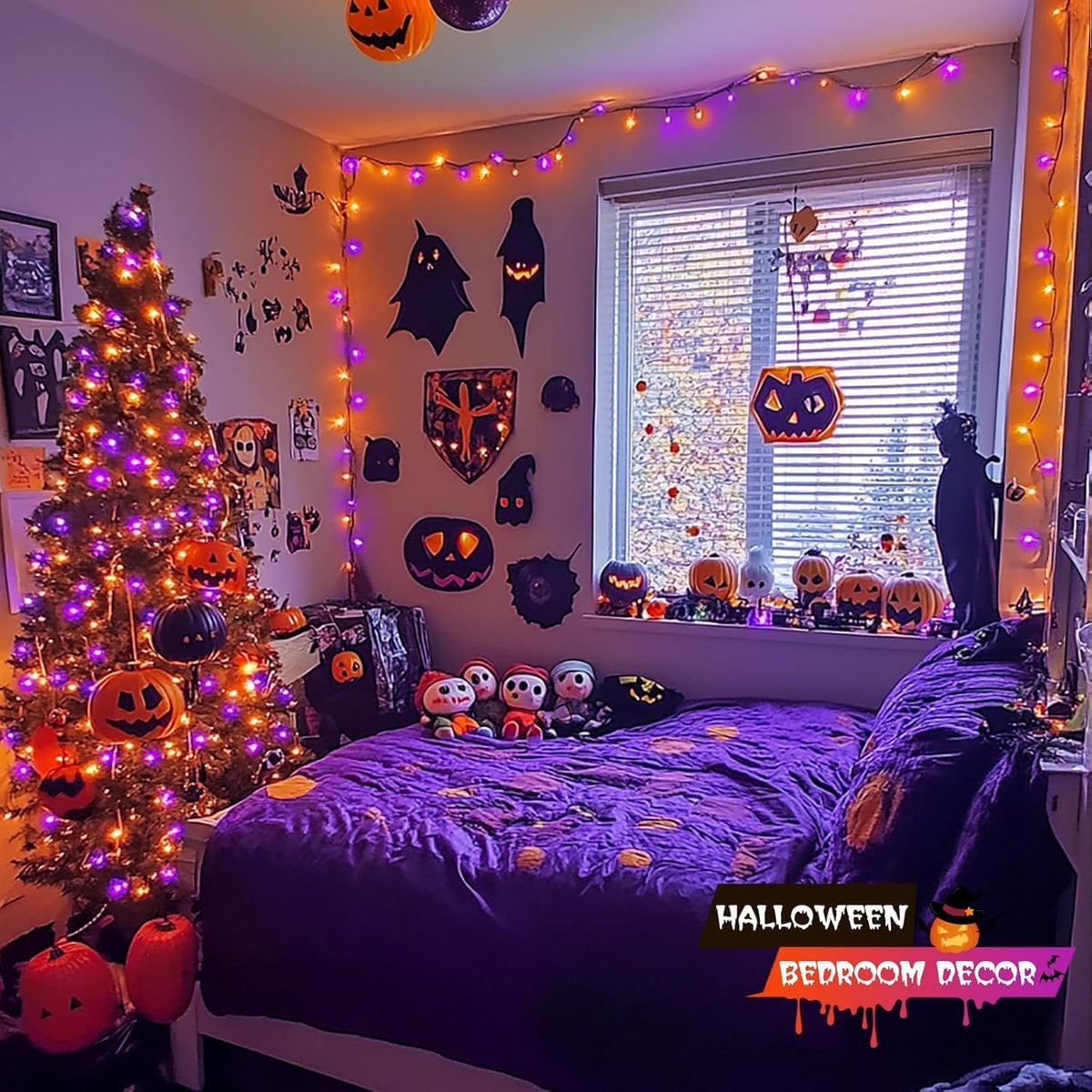 JMEXSUSS 66ft 200 LED Orange and Purple Halloween String Lights, Plug in