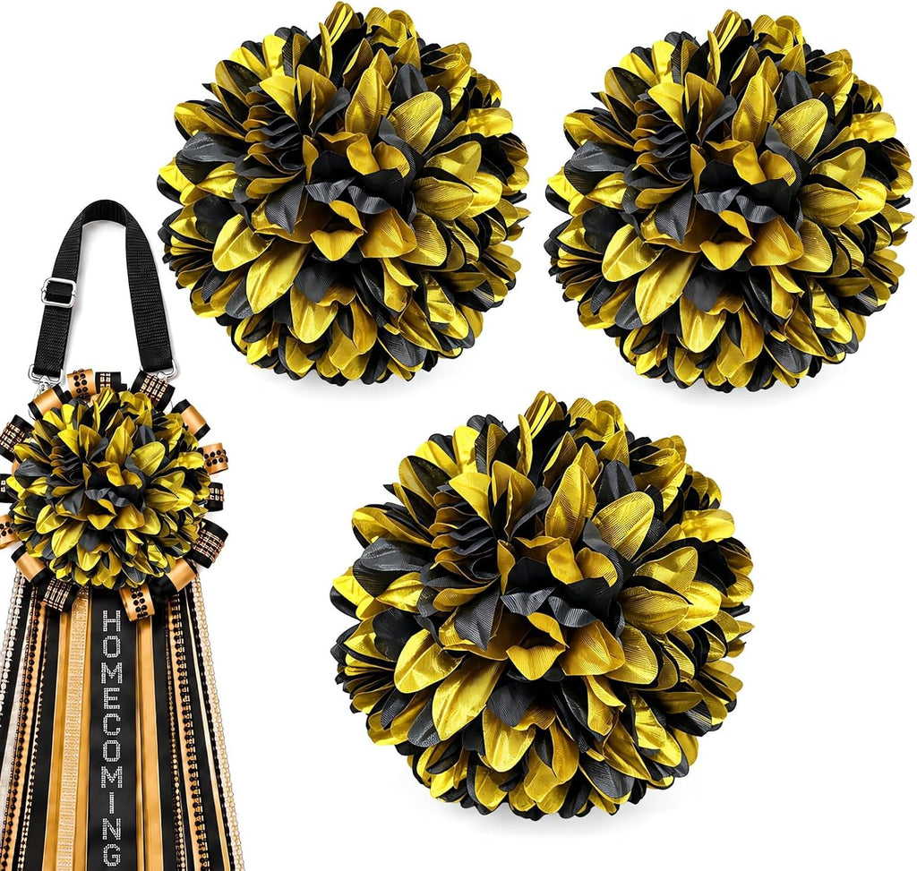 3Pcs Black and Gold Homecoming Mum Flowers, 6.5 Inch Artificial Mum Flowers
