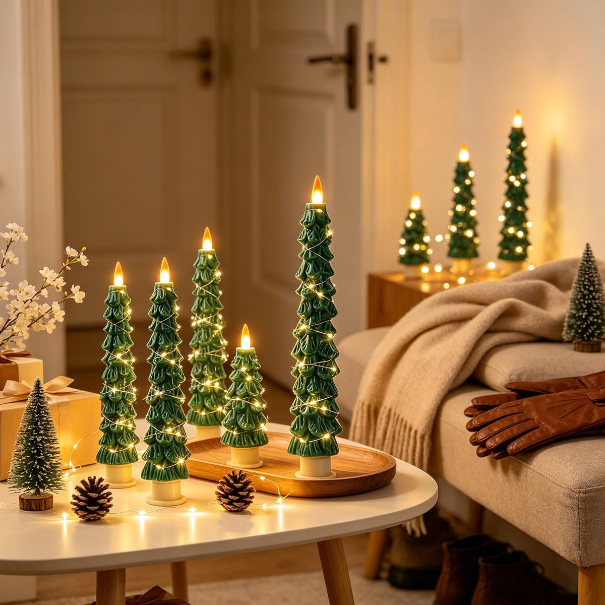 Christmas Tree Candles Surrounded by Fairy Lights, LED flameless Candle Lights with Remote Control Timing Function. Green