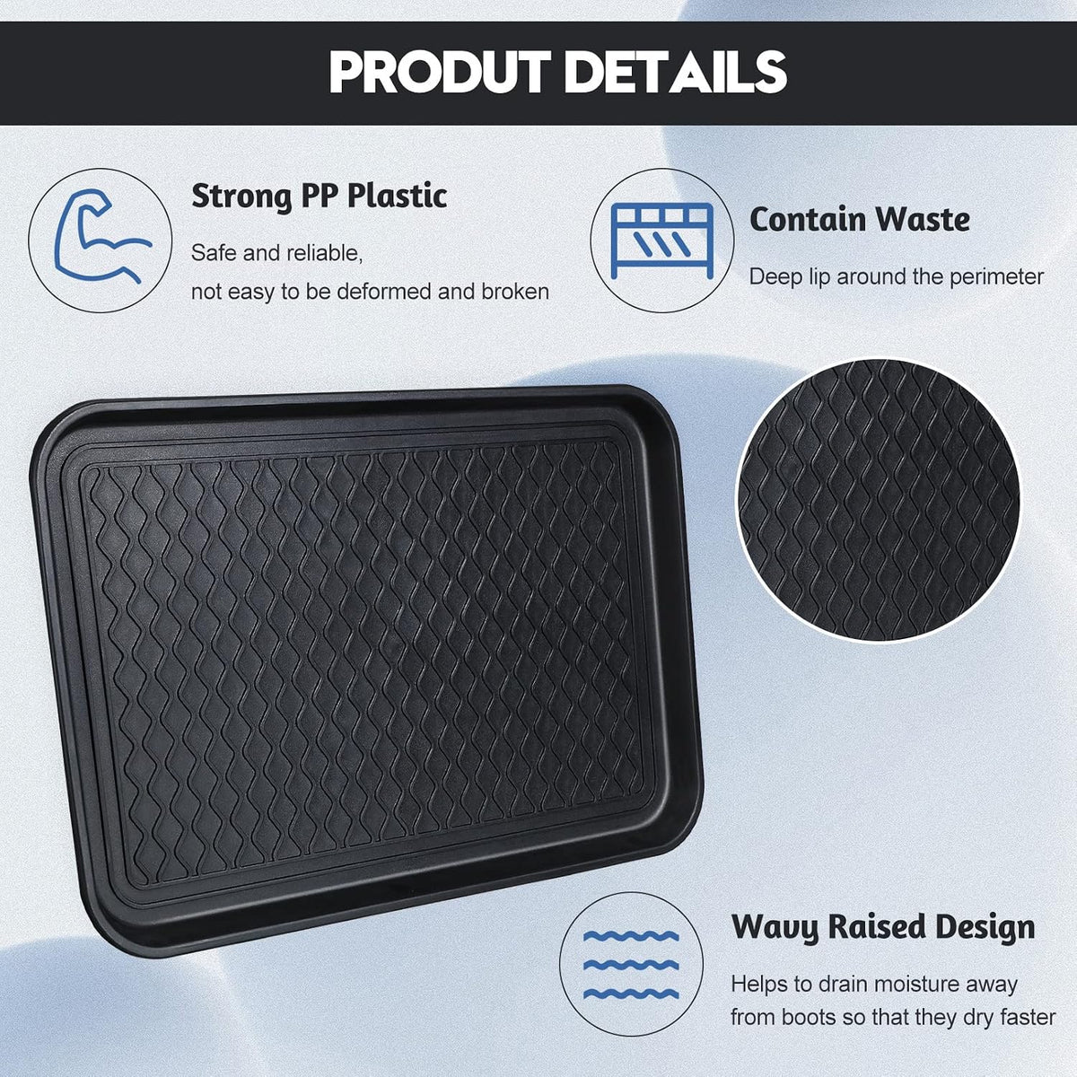6 Pcs PET Boot Tray Waterproof Shoe Mat Tray,24 x 16 x 1.2 inch,Black