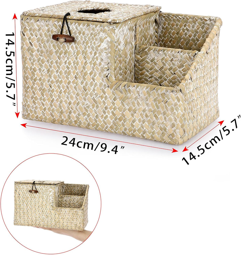 Sumnacon Tissue Box Cover-Square Woven Tissue Box Organizer for Desk Rustic Seagrass Tissue Box Holder with Side Organizer Decorative Cube Tissue Cover for Bathroom Home Office Table Counter Whitewash