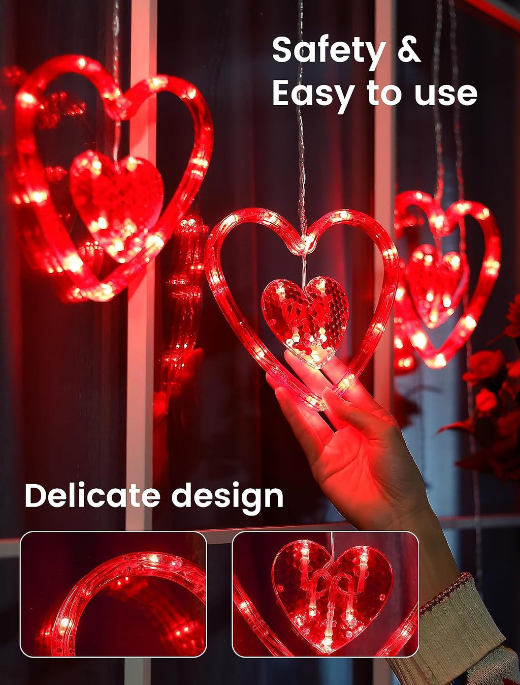 Valentines Day Window Lights,45LED Love Hearts String Lights