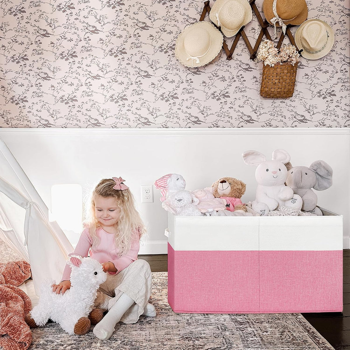 INDRESSME 85L Large Collapsible Toy Storage Box, Pink & White
