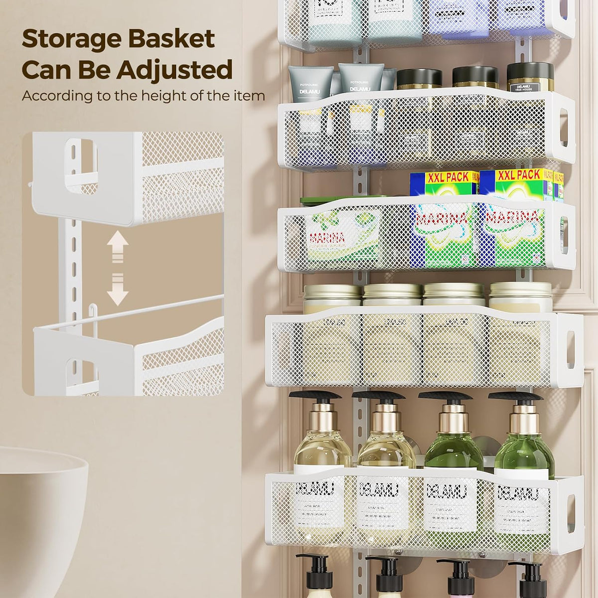 Delamu 8 Tier Over the Door Pantry Organizer, 2in1 Hanging or Wall Mount Spice Rack Seasoning, Adjustable Heavy-Duty Pantry Door Organizer and Storage for Kitchen Cabinet and Bathroom, 15.3" White