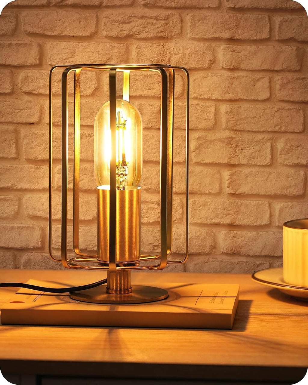 Industrial Table Lamp, 8.5" Small Brass Table Lamp with Dimmable 2400K Warm Light LED Bulb, Vintage Brass Desk Lamp, Gold Bedside Lamp for Bedroom, Study, Office, Small Space, D05TL05