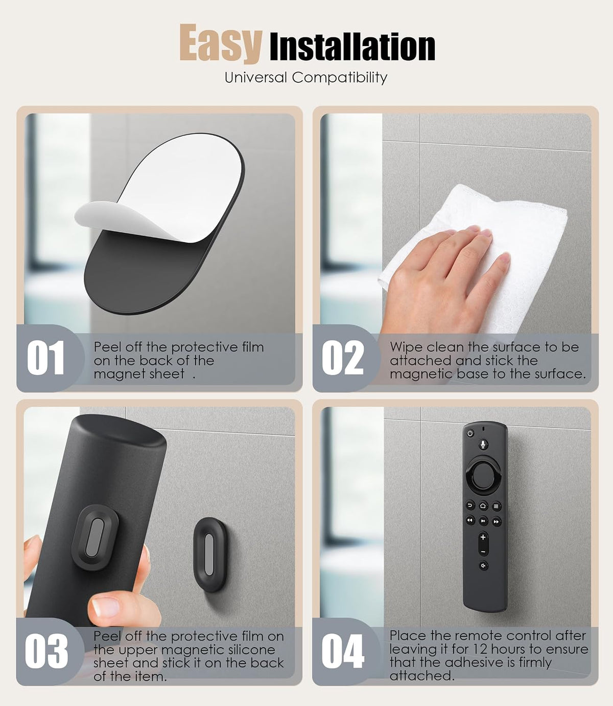 4Pack Magnetic Remote Control Holder Wall Mount, No Drill-Black