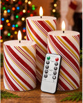 Christmas Flickering Flameless Candles, Red Stripes-Thin Real Wax Flickering Battery Operated Candles for Christmas Holiday Home Decor, Set of 3 (D3 x H4 5" 6")