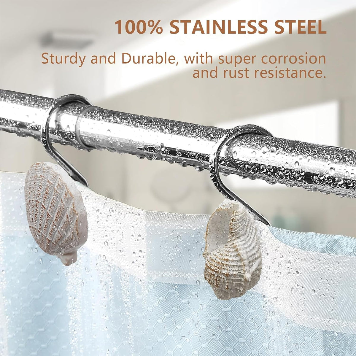 12-Pack Coastal Shower Curtain Hooks – Decorative Seashell Starfish Conch Shower Curtain Rings Rust-Proof Stainless Steel, Beach Theme Bath Shower Hooks Decor for Beach & Ocean Themes