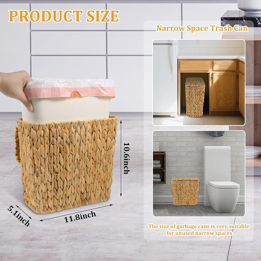 Wicker Trash Can with Lid and Liner, Handwoven Wicker Waste Basket, Water Hyacinth Bathroom Trash Can, Boho Rattan Garbage Wastebasket for Bedroom Home Living Room Office Kitchen, 2.5 Gallon