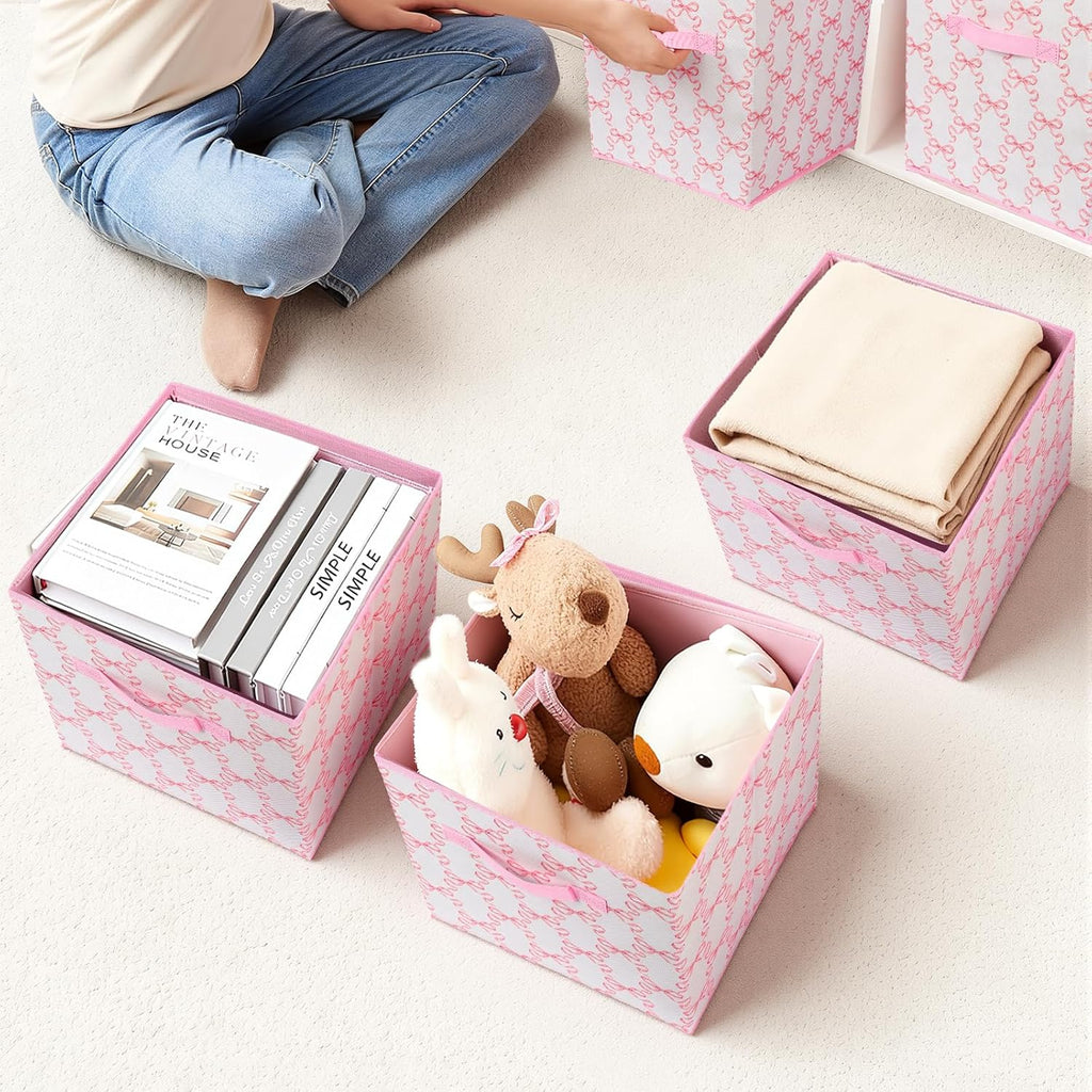 6 Pcs Pink Bow Cube Storage Bins 12.5 Inch Storage Basket with Handle, Cute Girls Organizer Basket, Collapsible Fabric Box for Classroom Bedrooms Office Home Decoration (Bow)