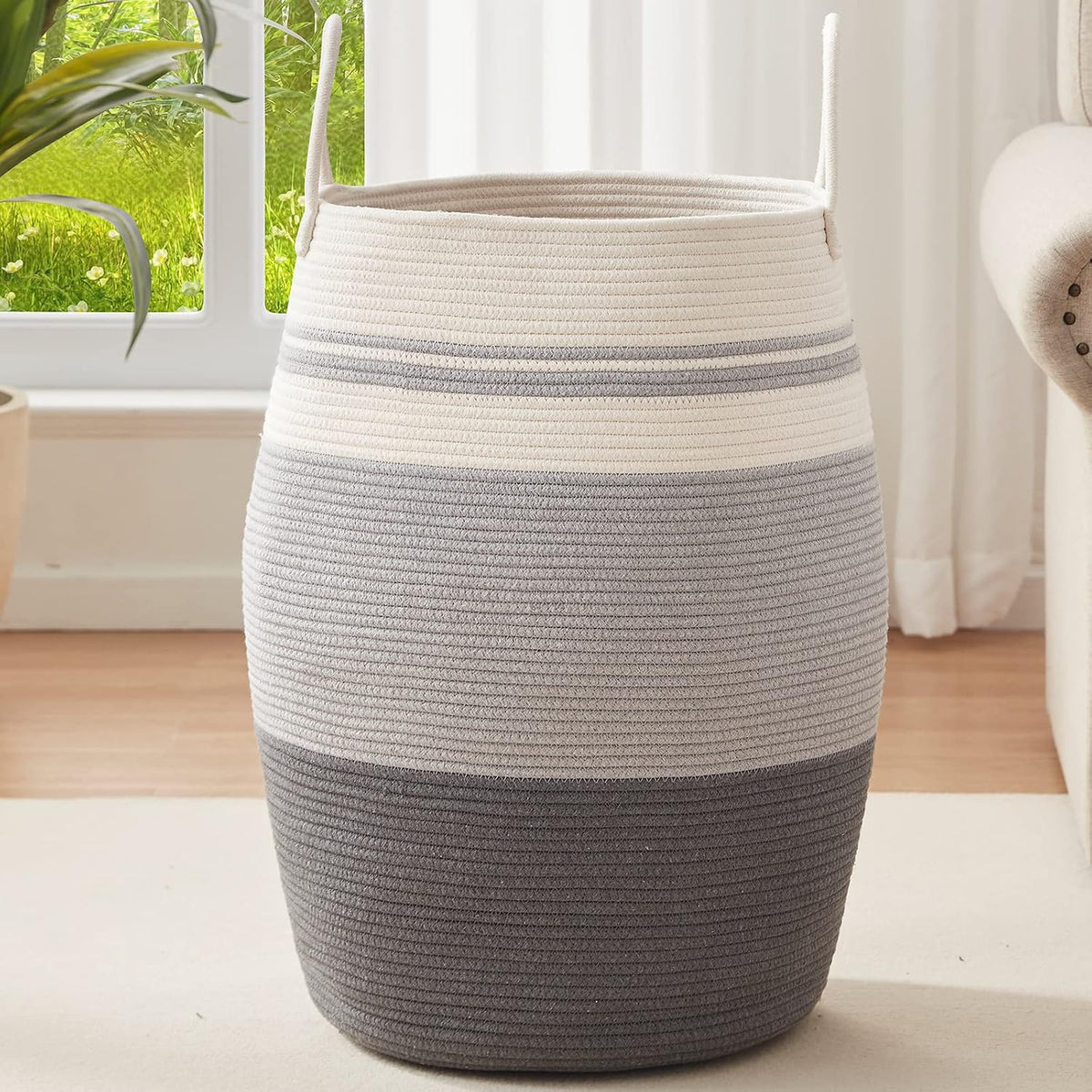 OIAHOMY 105L Laundry Hamper Cotton Rope Large Clothes Hamper Dark Grey